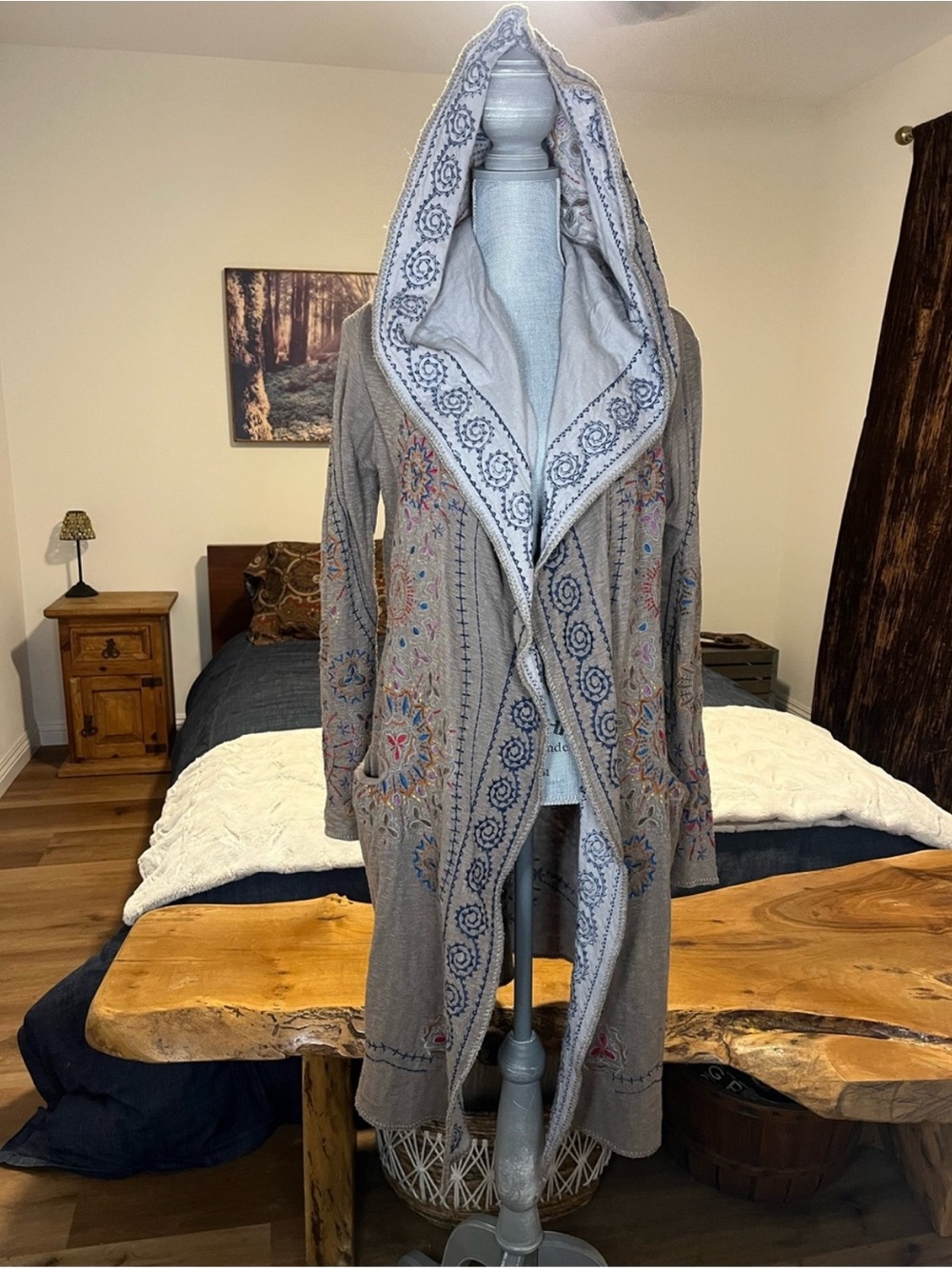 Johnny Was Taupe Gray Hooded Embroidered Cardigan with Multicolor Accents
